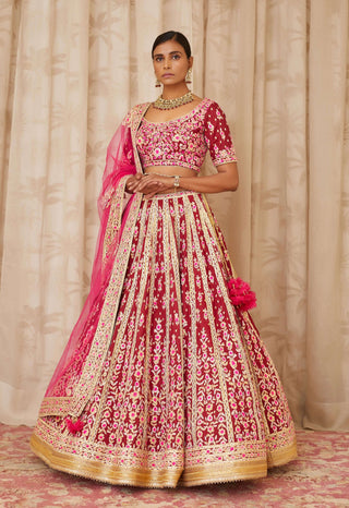 Shyam Narayan Prasad-Red Embroidered Brocade Lehenga Set-INDIASPOPUP.COM