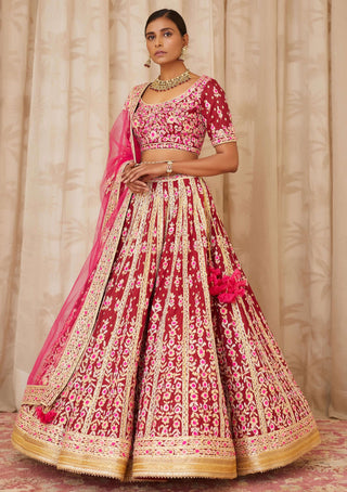 Shyam Narayan Prasad-Red Embroidered Brocade Lehenga Set-INDIASPOPUP.COM
