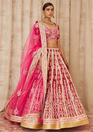 Shyam Narayan Prasad-Red Embroidered Brocade Lehenga Set-INDIASPOPUP.COM