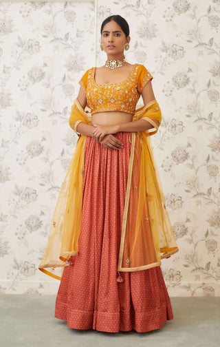 Shyam Narayan Prasad-Mustard Orange Embroidered Lehenga Set-INDIASPOPUP.COM