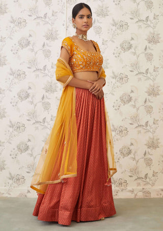 Shyam Narayan Prasad-Mustard Orange Embroidered Lehenga Set-INDIASPOPUP.COM