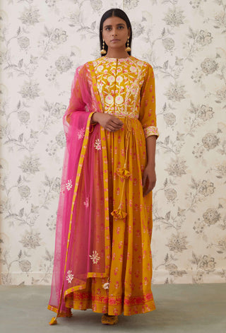 Shyam Narayan Prasad-Yellow Pink Embroidered Anarkali Set-INDIASPOPUP.COM