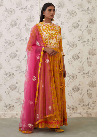 Shyam Narayan Prasad-Yellow Pink Embroidered Anarkali Set-INDIASPOPUP.COM