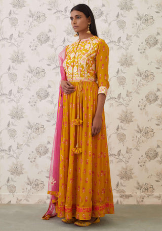 Shyam Narayan Prasad-Yellow Pink Embroidered Anarkali Set-INDIASPOPUP.COM