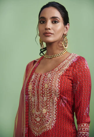 Shyam Narayan Prasad-Orange Red Embroidered Kurti Set-INDIASPOPUP.COM
