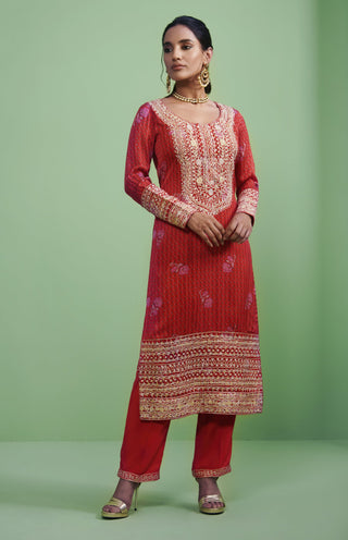 Shyam Narayan Prasad-Orange Red Embroidered Kurti Set-INDIASPOPUP.COM