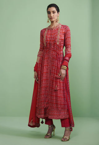 Shyam Narayan Prasad-Red Printed Anarkali Set-INDIASPOPUP.COM