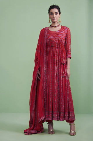 Shyam Narayan Prasad-Red Printed Angrakha Set-INDIASPOPUP.COM