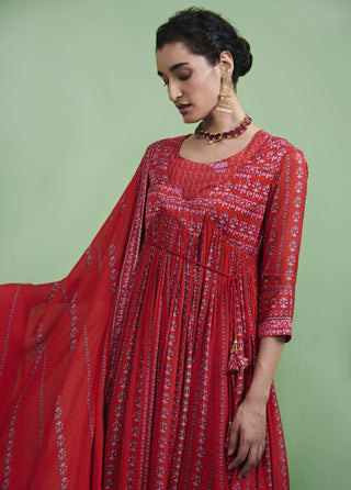 Shyam Narayan Prasad-Red Printed Angrakha Set-INDIASPOPUP.COM