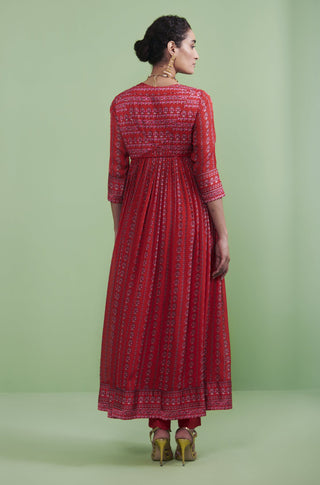 Shyam Narayan Prasad-Red Printed Angrakha Set-INDIASPOPUP.COM
