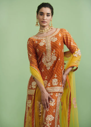 Shyam Narayan Prasad-Orange Yellow Chanderi Sharara Set-INDIASPOPUP.COM