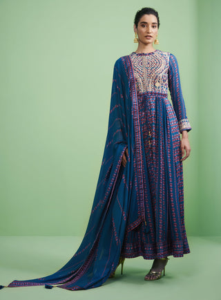 Shyam Narayan Prasad-Teal Blue Embroidered Anarkali Set-INDIASPOPUP.COM