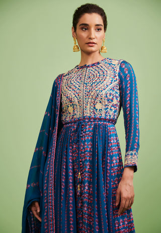 Shyam Narayan Prasad-Teal Blue Embroidered Anarkali Set-INDIASPOPUP.COM