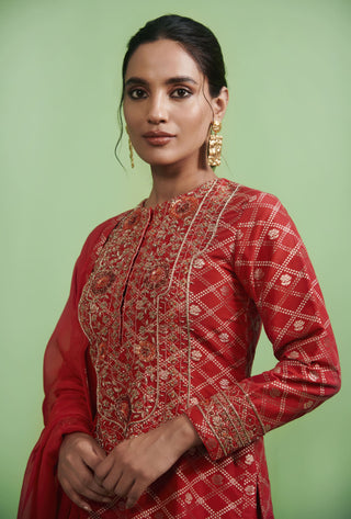 Shyam Narayan Prasad-Red Brocade Embroidered Lehenga Set-INDIASPOPUP.COM