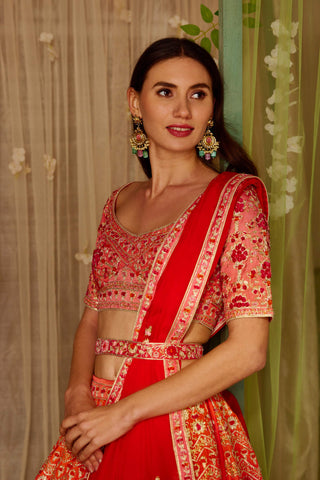 Shyam Narayan Prasad-Pink Orange Embroidered Lehenga Set-INDIASPOPUP.COM