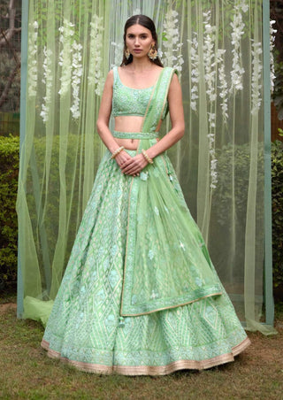 Shyam Narayan Prasad-Sea Green Embroidered Lehenga Set-INDIASPOPUP.COM