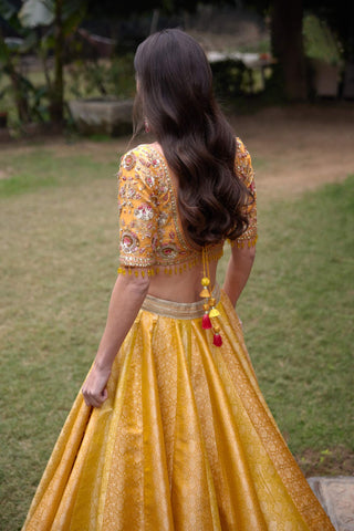 Shyam Narayan Prasad-Mustard Embroidered Lehenga Set-INDIASPOPUP.COM