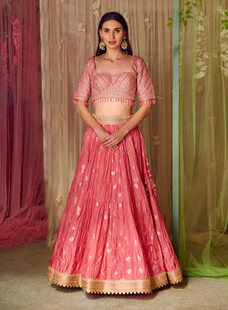 Shyam Narayan Prasad-Coral Pink Embroidered Lehenga Set-INDIASPOPUP.COM