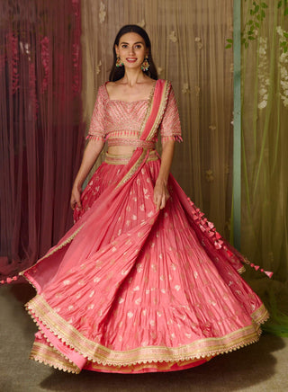 Shyam Narayan Prasad-Coral Pink Embroidered Lehenga Set-INDIASPOPUP.COM