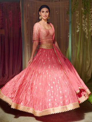 Shyam Narayan Prasad-Coral Pink Embroidered Lehenga Set-INDIASPOPUP.COM