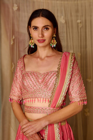Shyam Narayan Prasad-Coral Pink Embroidered Lehenga Set-INDIASPOPUP.COM