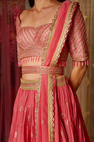 Shyam Narayan Prasad-Coral Pink Embroidered Lehenga Set-INDIASPOPUP.COM
