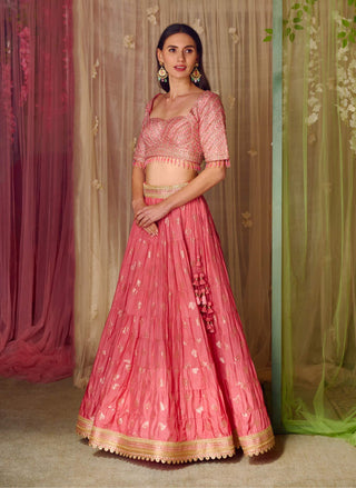 Shyam Narayan Prasad-Coral Pink Embroidered Lehenga Set-INDIASPOPUP.COM