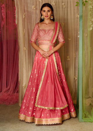 Shyam Narayan Prasad-Coral Pink Embroidered Lehenga Set-INDIASPOPUP.COM