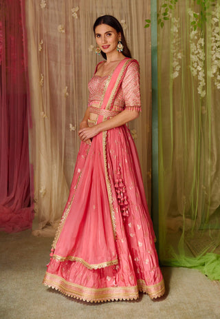 Shyam Narayan Prasad-Coral Pink Embroidered Lehenga Set-INDIASPOPUP.COM