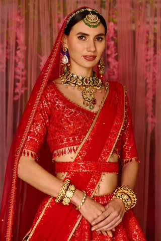 Shyam Narayan Prasad-Red Embroidered Lehenga Set-INDIASPOPUP.COM
