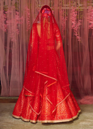Shyam Narayan Prasad-Red Embroidered Lehenga Set-INDIASPOPUP.COM