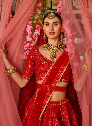 Shyam Narayan Prasad-Red Embroidered Lehenga Set-INDIASPOPUP.COM