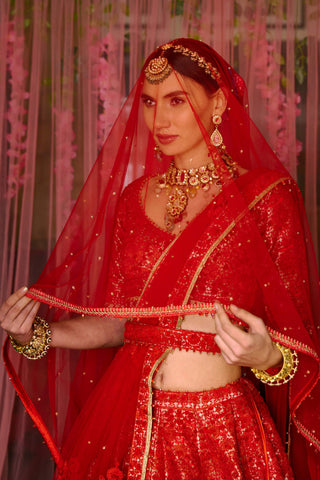 Shyam Narayan Prasad-Red Embroidered Lehenga Set-INDIASPOPUP.COM