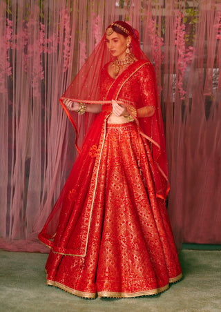 Shyam Narayan Prasad-Red Embroidered Lehenga Set-INDIASPOPUP.COM