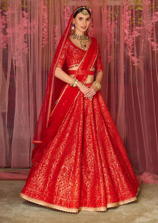 Shyam Narayan Prasad-Red Embroidered Lehenga Set-INDIASPOPUP.COM