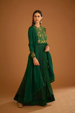 Shyam Narayan Prasad-Emerald Green Embroidered Anarkali Set-INDIASPOPUP.COM