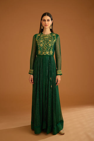 Shyam Narayan Prasad-Emerald Green Embroidered Anarkali Set-INDIASPOPUP.COM