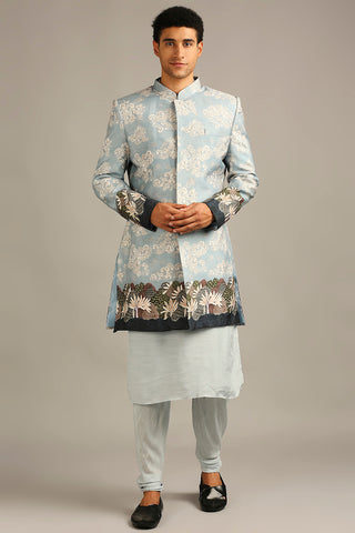 Soup By Sougat Paul-Cloud Printed Longline Jacket With Kurta Set-INDIASPOPUP.COM
