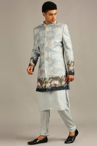 Soup By Sougat Paul-Cloud Printed Longline Jacket With Kurta Set-INDIASPOPUP.COM