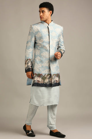 Soup By Sougat Paul-Cloud Printed Longline Jacket With Kurta Set-INDIASPOPUP.COM