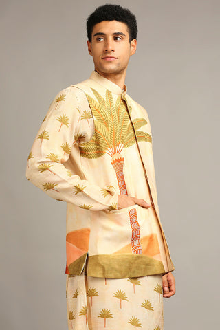 Soup By Sougat Paul-Conversational Printed Longline Jacket With Kurta Set-INDIASPOPUP.COM