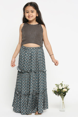 Soup By Sougat Paul Kids-Blue Geomtric Printed Skirt With Crop Top-INDIASPOPUP.COM