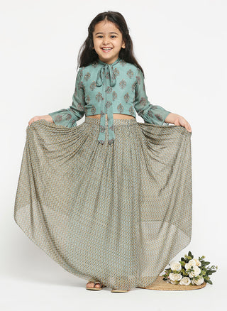 Soup By Sougat Paul Kids-Green Printed Skirt With Crop Top-INDIASPOPUP.COM