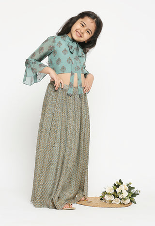 Soup By Sougat Paul Kids-Green Printed Skirt With Crop Top-INDIASPOPUP.COM