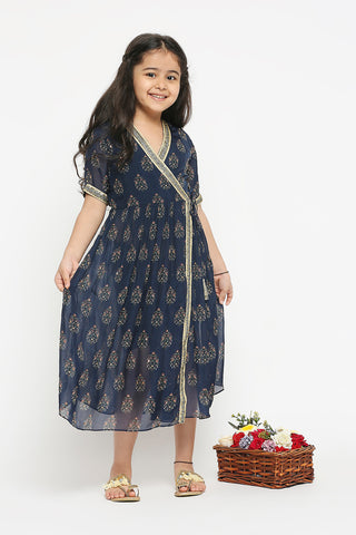 Soup By Sougat Paul Kids-Blue Mughal Printed Overlap Dress-INDIASPOPUP.COM