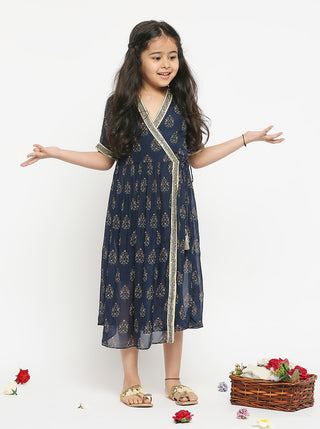 Soup By Sougat Paul Kids-Blue Mughal Printed Overlap Dress-INDIASPOPUP.COM