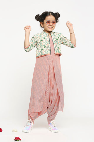 Soup By Sougat Paul Kids-Red Chevron Printed Jumpsuit With Bomber Jacket-INDIASPOPUP.COM