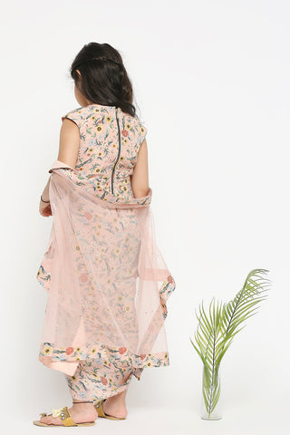 Soup By Sougat Paul Kids-Floral Printed Drape Dress With Net Cape-INDIASPOPUP.COM