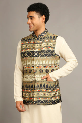 Soup By Sougat Paul-Tiraz Printed Bundi With Kurta Set-INDIASPOPUP.COM