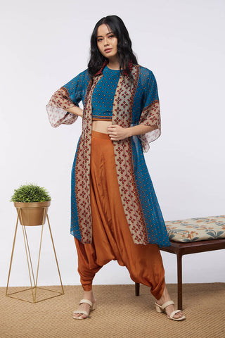 Soup By Sougat Paul-Orange Blue Top With Dhoti And Jacket-INDIASPOPUP.COM